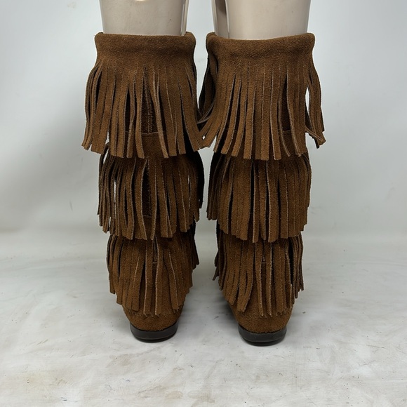 Minnetonka 3 layer fringe boot brown suede size 6 - Picture 2 of 6